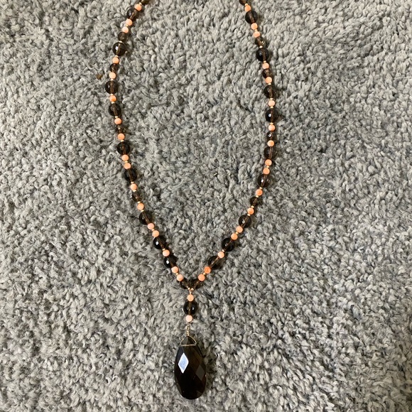 Vintage coral and smokey topaz stone necklace 14K - Picture 2 of 9